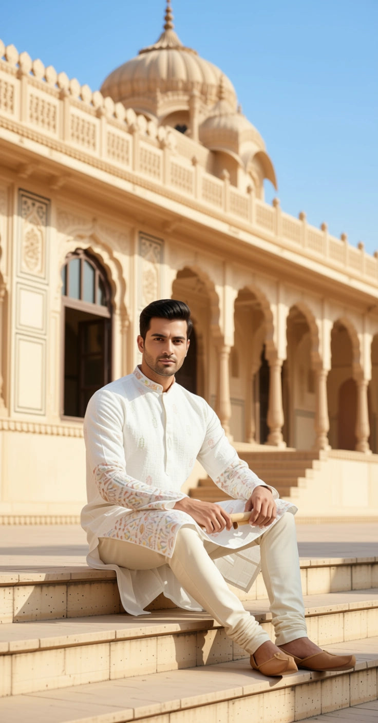 Chikan Kari Design (White) Men's Kurta (2)