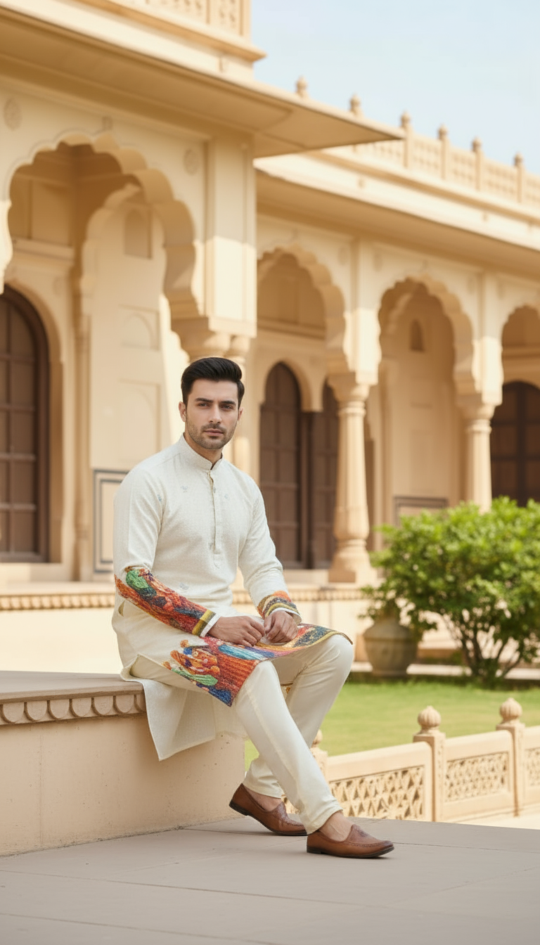 Chikan Kari Design (White) Men's Kurta (3)