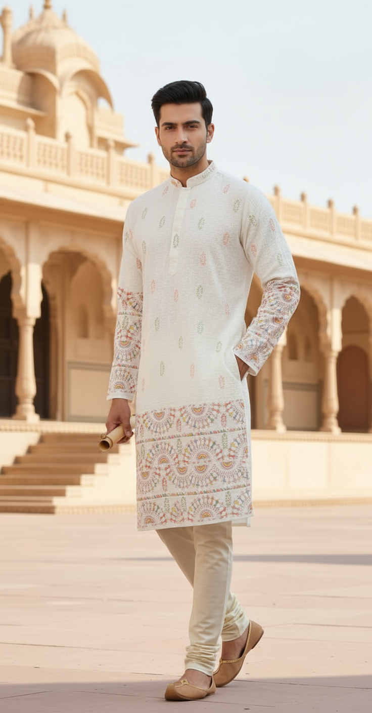 Chikan Kari Design (White) Men's Kurta (2)