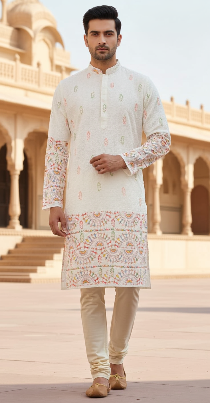 Chikan Kari Design (White) Men's Kurta (2)
